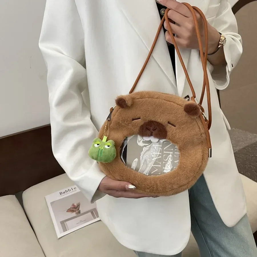 Strawberry Hat Capybara Plush Toy Simulation Turtle Backpack Capibara Stuffed Animals Papa Hand Circle Ring Small Size Pendant